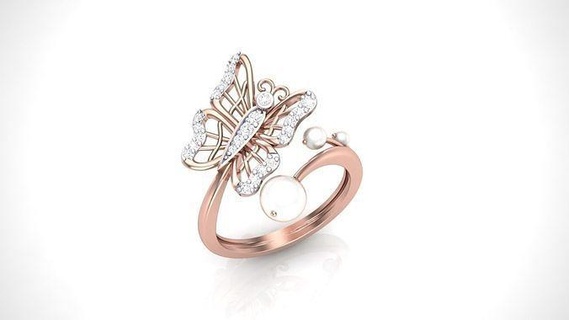 Schmetterling Schmuck Diamant Cocktail Ring 3dm stl obj mtl Ringe Hochzeit Engagement Juwel druckbar Platin Solitär Italiano Mode Perle 3d print model - Mito3D