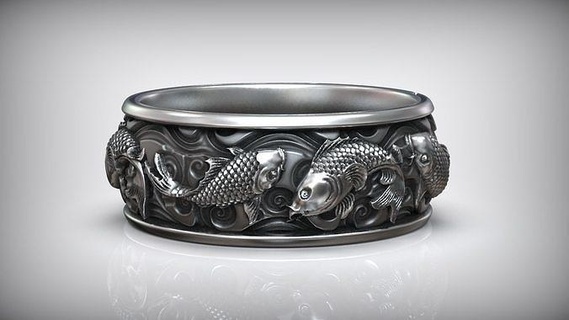 carp koi fish japanese traditional ornament band ornamenal pattern japan style sea ocean ring antique wedding chinese asian luxury gold jewelry rings 3d print model - Mito3D
