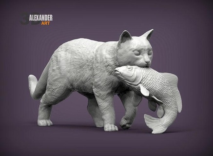 gatto pesce animale mammifero selvaggio domestico gattino natura scultura statuetta souvenir presente 3d Stampa modello arte sculture 3d print model - Mito3D