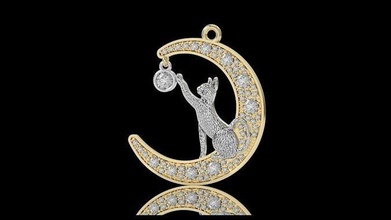 chat lune pendentif bijoux or argent diamant bague imprimable minou bijou Collier mode beauté vêtements chaton gemme animal compagnie pendentifs 3d print model - Mito3D