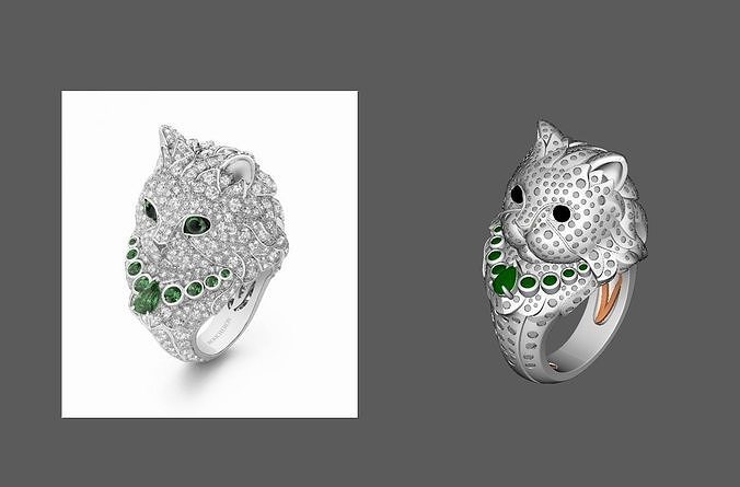cat ring diamonds animal silver printable diamond boucheron nature white print 18k jewelry rings 3D print model - Mito3D