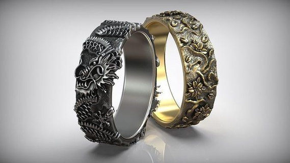 chinese dragon tattoo style pattern wedding band japanese fantasy japan art basrelief ornament floral flowers ancient traditional asian cnc milling jewelry rings 3d print model - Mito3D