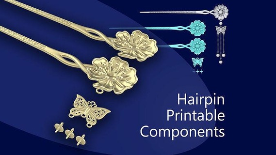 chinese flower hairstick-hair pin-accessories components chinese china traditional hair hairpin hairstick pin flower butterfly components parts jewelry findings gold silver accessories floral decoration jewellery  3d print model - Mito3D