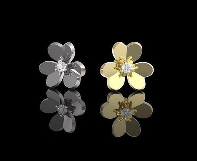 clover solitaire diamond earrings gold leaf earring flower jewellery premium precious jewelry silver design art shining studs platinum zbrush matrix rhino 3d print model - Mito3D