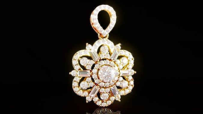 cluster halo pendant jewelry jewel jewelrydesign jewellery jewelrymodel printable gold platinum silver pendants necklace diamond baguette gem print ready printings 3D print model - Mito3D