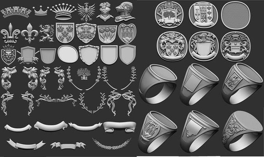 coat arms brasao elements set colection family familia streamer flamula shield pendant pingente ring anel name arm branches helmet elmo sword crown jewelry rings 3d print model - Mito3D