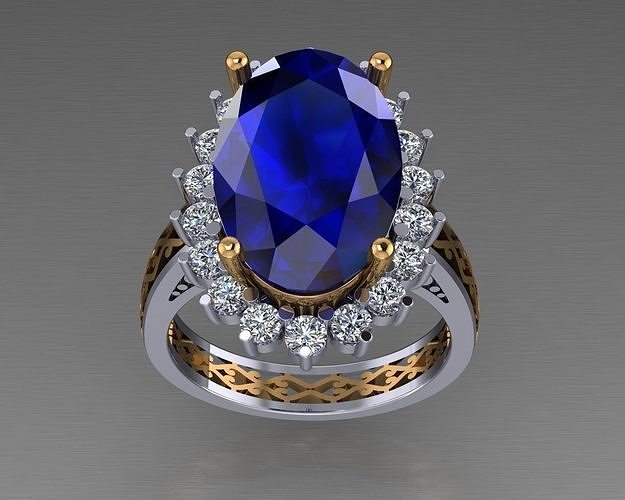 coquetel oval pedra azul safira diamante anel argolas joalheria clássico brilhante Projeto moda 3D print model - Mito3D
