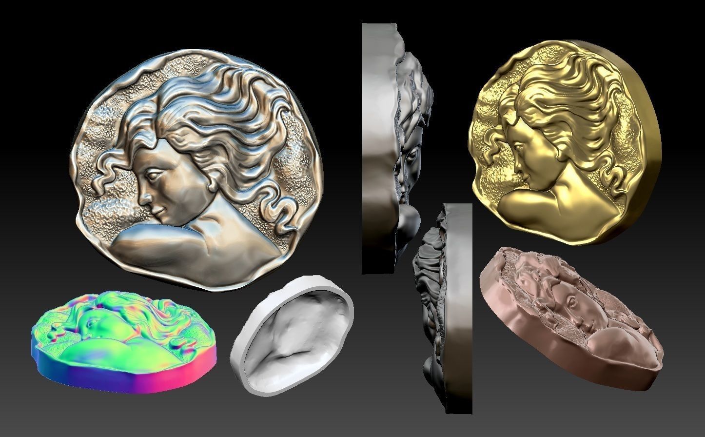 3 madeni para sanat kadın kolye rozet moda 3d yazdırılabilir paralar rozetleri paraları eski ücretsiz rahatlama heigh 3D print model - Mito3D