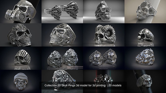 collezione 20 cranio anelli 3d modello stampa anello teschio gioielleria motociclista squillare vendita 3D print model - Mito3D