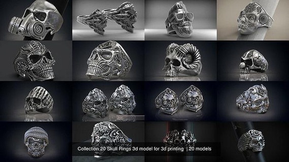 coleção 20 crânio argolas 3d modelo impressão anel caveira joalheria motociclista jóias venda 3d print model - Mito3D