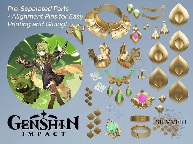 collei accessoires paquet genshin impact 3d impression cosplay anime 3dprint bijoux suméru mode dendro personnage imprimable vision art cosplayeur cosplayage 3D print model - Mito3D