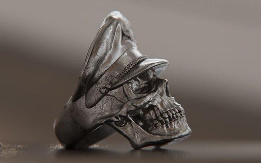 colonel skull ring jewelry bone human skeleton head jewellery rock heavymetal biker war wwii sculpture fashion 3dprint 3dprinting resinprinting rings 3d print model - Mito3D