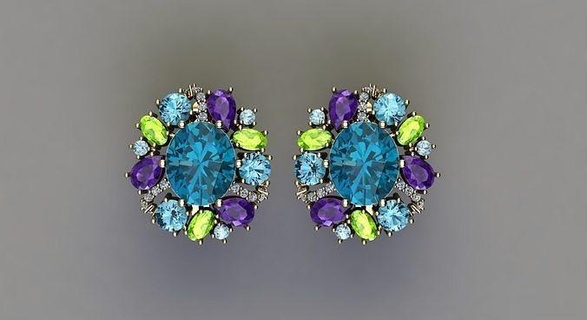 coloré gemmes boucles d'oreilles bijoux or argent diamant imprimable bijou gemme boucle d'oreille luxe 3d print model - Mito3D