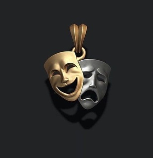 commedia tragedia maschere pendente teatro maschera tragico ridendo sorridente triste viso contento travestimento teatrale tristezza felicità arte espressione comico tragicomico gioielleria ciondoli 3d print model - Mito3D