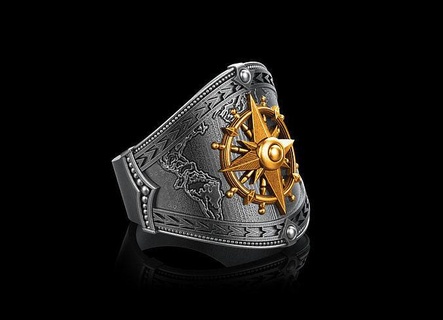 bussola uomini squillare gioielleria navigazione oro argento stampabile antico design 3d uomo nave anelli moda 3d print model - Mito3D