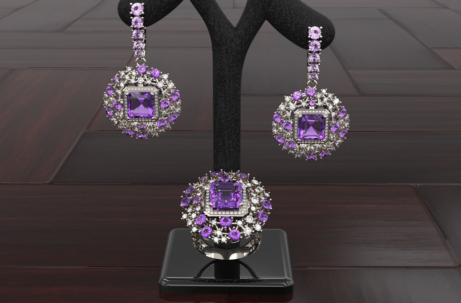 complect beaucoup de gams bijoux l'anneau boucle d'oreille la mode ametist rubin gem or d'argent l'émeraude saphir topaze décoration illustration luxe joyau pendentif art les anneaux 3D print model - Mito3D