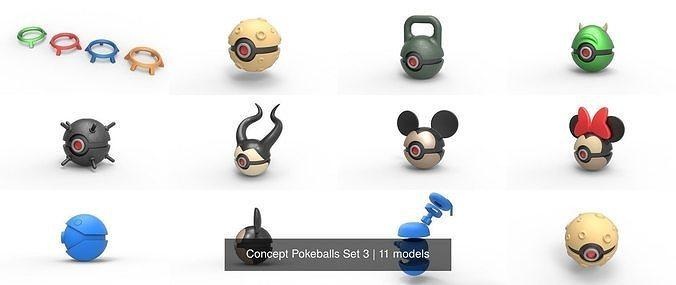 concetto pokeballs impostato 3 pokeball Pokemon Stampa giocattolo contenitore anime kettlebell malefico marshmallow Topolino Mike minnie topo Luna navale mio loki pacman passatempo Fai 3d print model - Mito3D