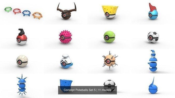 Konzept Pokeballs einstellen 5 Pokeball Pokémon drucken Spielzeug Container Anime Schlumpf Fußball SpongeBob Kompressor Surtur Tennis Denker Volleyball Massage udonta Hobby DIY 3d print model - Mito3D