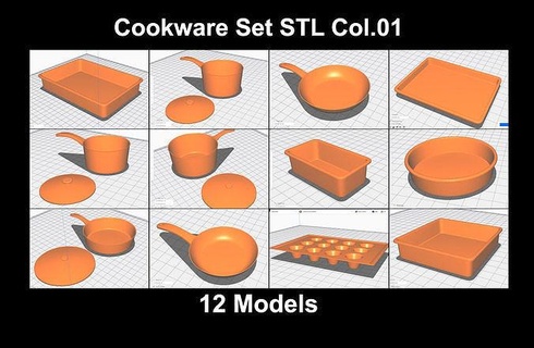 cookware set 01 - 12 stl models household kitchenware houseware storage pan kitchen cooking cook fry fried chef interior appliance tableware 3dprint printable equipment design modern house dining 3d print model - Mito3D