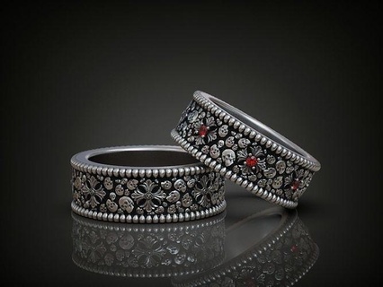 couple rings promise bands skulls ruby biker silver ring oxydized wedding skull jewellery jewelry 3d print model - Mito3D