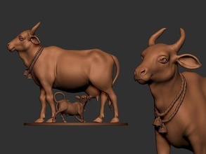 vaca bebendo bezerro paciente nandi shivji govind krishna animal leite deus laticínios gado fazenda animais búfalo touro imprimível arte esculturas 3d print model - Mito3D