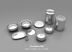 crockery set- kitchenware kitchen crockeryset interior highpoly cookware haandi tin pip casserole plate stainlesssteel steel bowl tray glass stainless dining house 3d print model - Mito3D