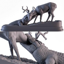 cocodrilo ataque ciervo animal reptil naturaleza cuernos agua estatua imprimible escultura miniatura decoración 3dprinter dinosaurio oro anillo preescolar pez criatura Arte 3d print model - Mito3D
