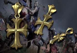 cruz ouro pingente católico medieval cavaleiro espada religioso cristão jesus templário motociclista japonês piedosos evangelho castelo joalheria pingentes 3d print model - Mito3D