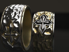 cross forged wedding ring - original stylization chivalry romance marriage oath vow promise fidelity faithfulness massive hammered jewelry rings medieval band design 3d print model - Mito3D