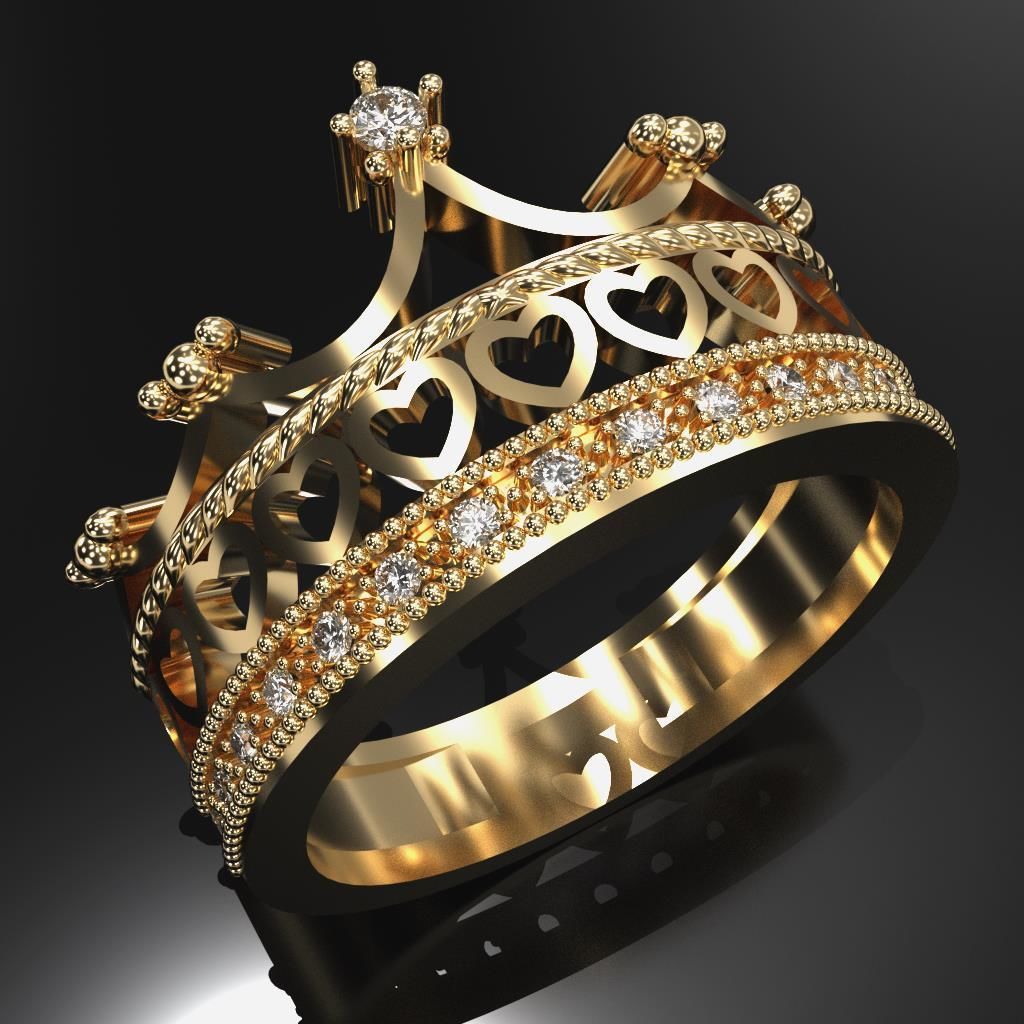 crown heart ring princess jewelry fashion women engagement tiara rings delicate brilliant hearts precious queen diamond ruby emerald gold 3D print model - Mito3D