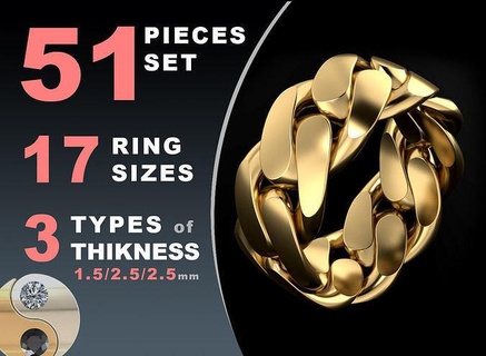 cuban link chain ring 10 mm wide rings jewelry gold silver jewel printable jewellery fashion prototyping pack set hollow package design print collection 3d print model - Mito3D