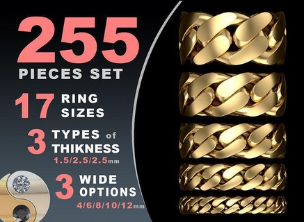 cuban link chain ring 4 6 8 10 12 mm wide rings jewelry gold silver jewel printable jewellery fashion prototyping pack set hollow package design print collection 3d print model - Mito3D