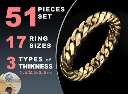 cuban link chain ring 4 mm wide rings jewelry gold silver jewel printable jewellery prototyping pack set hollow package print collection 3d print model - Mito3D