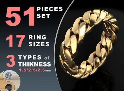 cuban link chain ring 6 mm wide rings jewelry gold silver jewel printable jewellery fashion prototyping pack set hollow package design print collection 3d print model - Mito3D