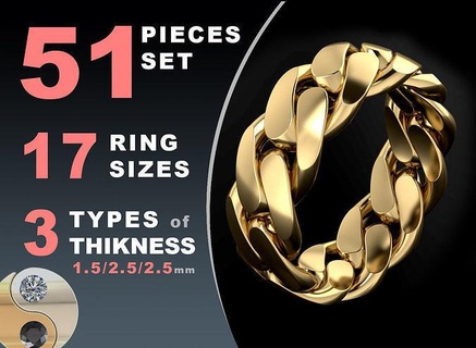 cuban link chain ring 8 mm wide rings jewelry gold silver jewel printable jewellery fashion prototyping pack set hollow package design print collection 3d print model - Mito3D