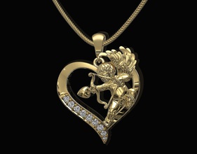 cupid in heart pendant 3d printable stl pendants jewelry gold silver platinum valentine angel love women fashion necklace brilliant diamond gemstone 3d print model - Mito3D