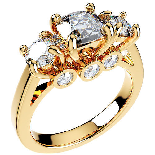 cushion side round diamonds trilogy ring italian shank-tcsrd-it engagement wedding women jewelry diamond jewels fashion design gold cut printable gemstone 3d print rings 3D print model - Mito3D