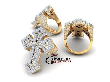 custom cross halfway ring baguettes diamond - fleury rings jewelry religious christian catholic religion customcross jesus relief 3d print model - Mito3D
