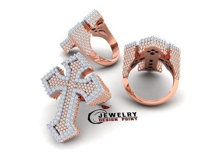 custom cross halfway ring round diamond - fleury fully iceout jewelry religious christian catholic religion customcross jesus relief rings 3d print model - Mito3D