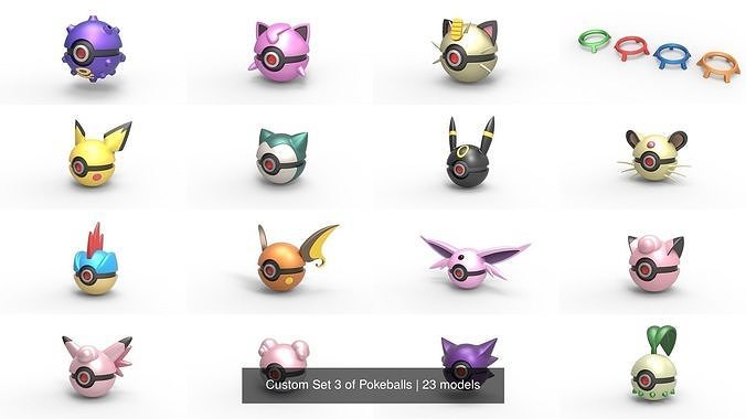 personalizado conjunto 3 pokebolas pichu raichu jigglypuff esnórlax koffing llorando chikorita Bayleef feliz espeon umbreon extraño clefairy clefable perseguidor felicidad imprimible pokemon pokebola pasatiempo bricolaje diy 3D print model - Mito3D