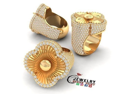 Benutzerdefiniert van Cleef Kleeblatt halber Strecke Diamant Ring Emaille Jahrgang Alhambra Blatt Schmuck HipHop Gold Goldklee Armbänder Ringe 3d print model - Mito3D