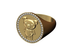 cute bear large 21mm diamond ring us size 9 teddy signet jewelry printable gold silver sterling fashion jewellery luxury bling grizzly rings 3d print model - Mito3D