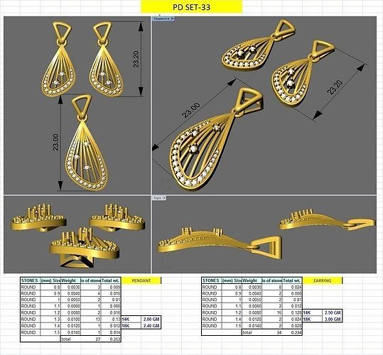 cute earring pendent set jewelry gold printable earrings pendant wedding jewellery fashion beauty engagement solitaire chain necklace charms pendants 3D print model - Mito3D