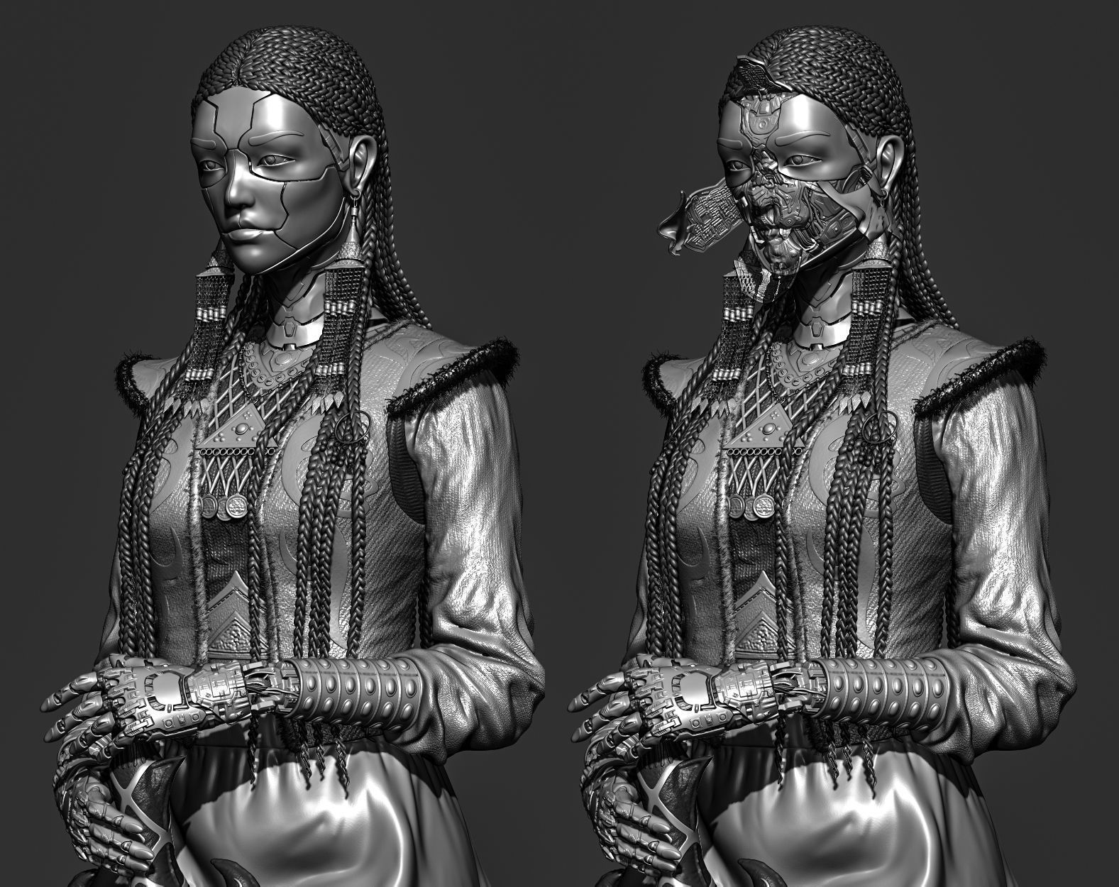 cyber girl mulher segurando copo cybergirl estátua scifi zbrush ciberarte escultura conceito 3d modelagem espaço futuro robô jogos brinquedos 3D print model - Mito3D