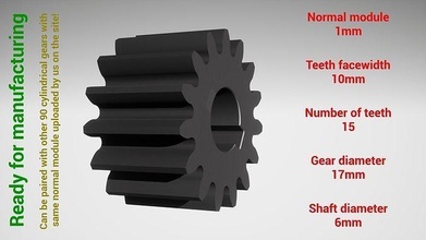 cylindrical gear - paired z15 m1 d17 d6 cog cogwheel teeth print steel metal plastic tool industrial mechanism machinery differential technology engine transmission science engineering 3d print model - Mito3D