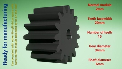 cylindrical gear - paired z15 m2 d34 d6 gearwheel cog cogwheel teeth print steel metal plastic tool industrial mechanism machinery differential technology engine transmission science engineering 3d print model - Mito3D