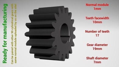 cylindrical gear - paired z17 m1 d19 d7 gearwheel cog cogwheel teeth print steel metal plastic tool industrial mechanism machinery differential technology engine transmission science engineering 3d print model - Mito3D