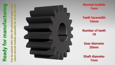 cylindrical gear - paired z18 m1 d20 d7 gearwheel cog cogwheel teeth print steel metal plastic tool industrial mechanism machinery differential technology engine transmission science engineering 3d print model - Mito3D