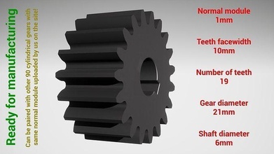 cylindrical gear - paired z19 m1 d21 d6 gearwheel cog cogwheel teeth print steel metal plastic tool industrial mechanism machinery differential technology engine transmission science engineering 3d print model - Mito3D