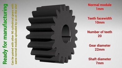 cylindrical gear - paired z20 m1 d22 d7 gearwheel cog cogwheel teeth print steel metal plastic tool industrial mechanism machinery differential technology engine transmission science engineering 3d print model - Mito3D